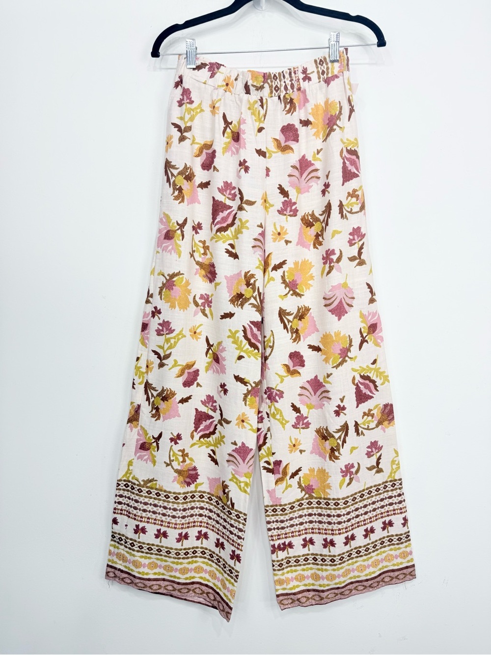 Good Luck Gem White Pink Floral Linen Blend Flowy Boho Festival Beach Pants NEW